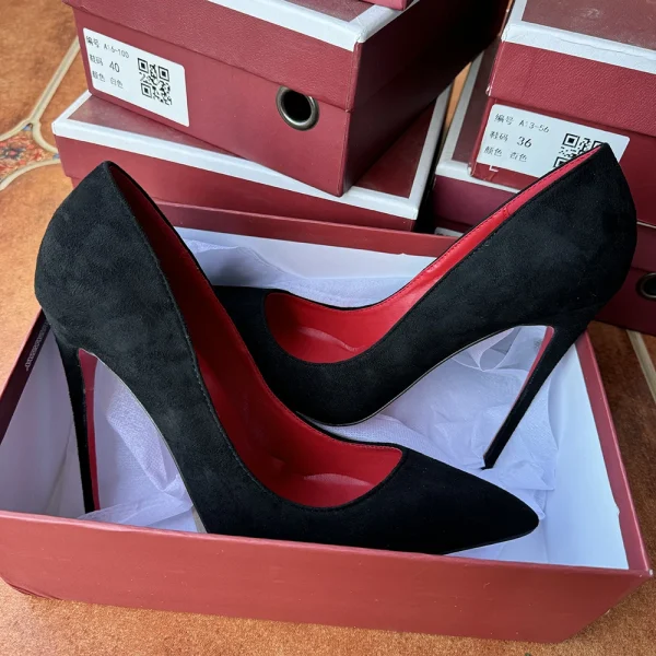 Black Flock Stilettos Red Inside Heels - Image 2