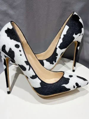 Hairy Fabric Cow Pattern Women Pointy Toe High Heel Shoes