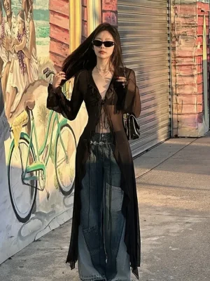 Long Cardigan Slim V Neck Streetwear Sexy Grunge Tops