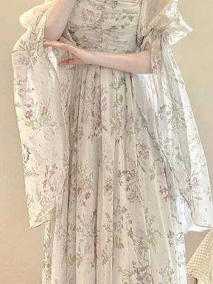 Elegant Floral Midi Dress Woman Beach Casual Long Sleeve