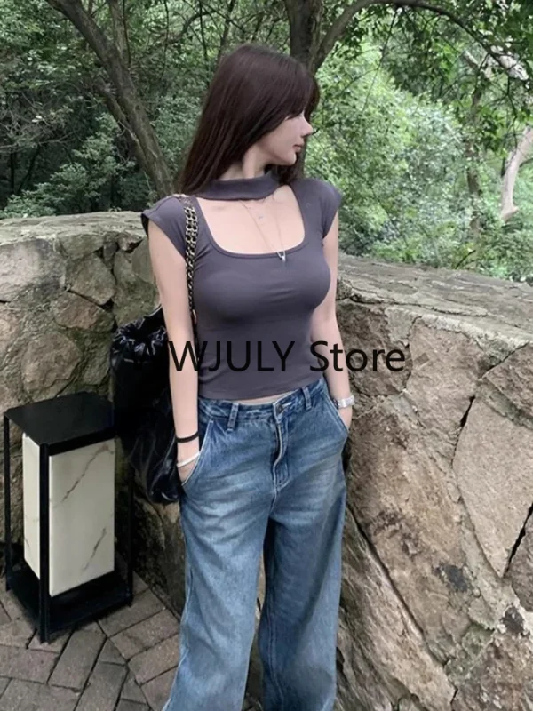 Crop Tops Office Lady Slim Bodycon T Shirts Casual Korean Fashion Party Tees