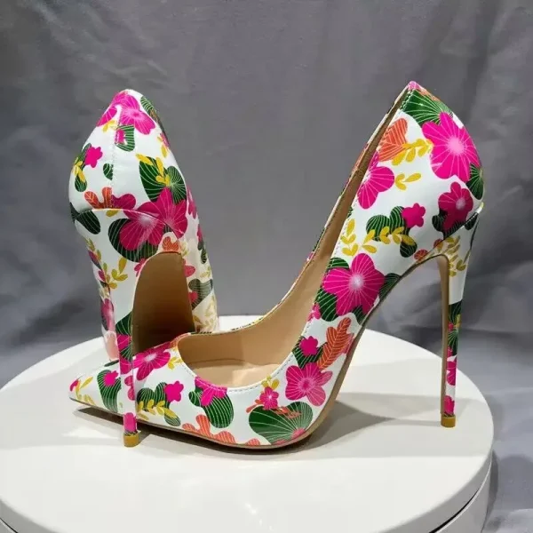 2025 Pink Flower Printed Women Pointy Toe High Heel Shoes - Image 3