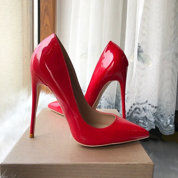 Glossy Red Women Pointy Toe High Heel Shoes - Image 3