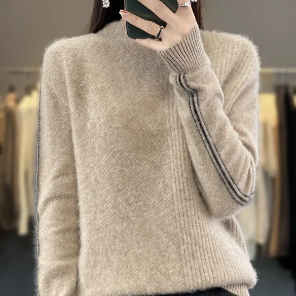 wool ladies semi-turtle neck fashion loose solid color cashmere sweater - Image 3