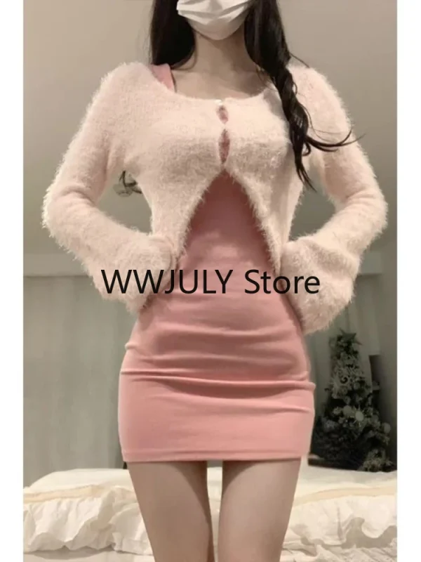 Sexy Strap Mini Dress Sets Women Pink Sweet Sweater Tops - Image 5