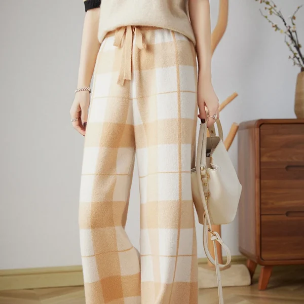 Wool knitted pants elastic waist plaid loose fashion wide-leg pants - Image 4