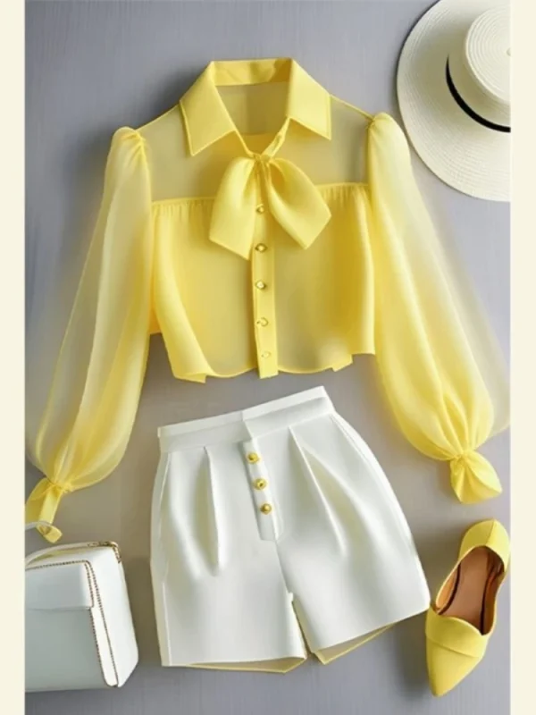 Chiffon Yellow Lapel Neck Perspective Top OL Shirt White Casual Pants