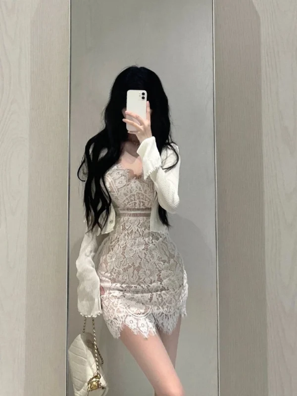 Elegant Lace Dress Suit Woman Short Party Sleeveless Mini Dress Korea Fashion - Image 3