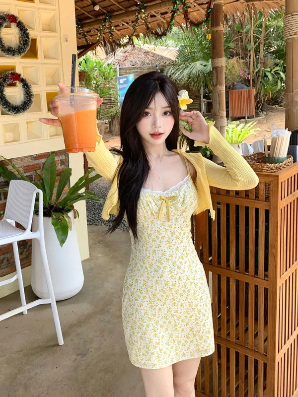 Sweet Hot Girl Suit Women's Summer Slim Fit Floral Strap Dress