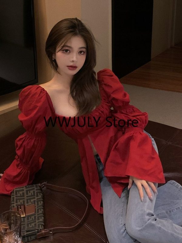 Red Korean Style Sexy Blouse Women Chic Design - Image 6