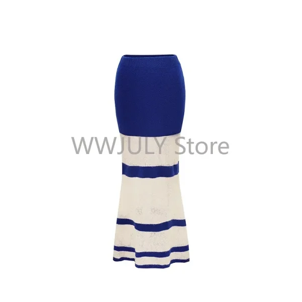 Blue Knitted Sets Women Korean Fashion Striped Suit Casual - Image 10