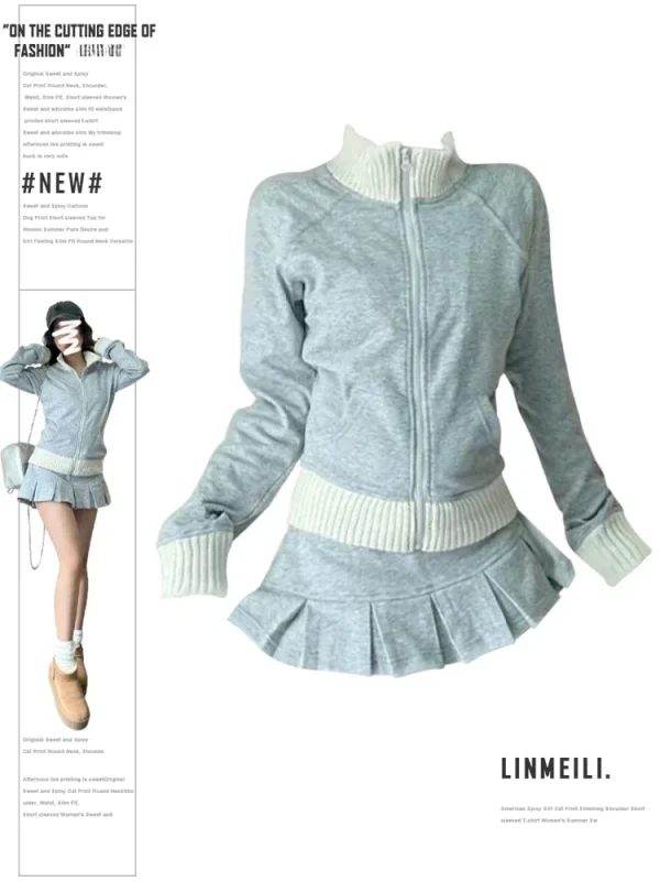 Women Sporty Suit Outfits 2 Piece Set Long Sleeve Stand Collar Sweatshirts - Image 2