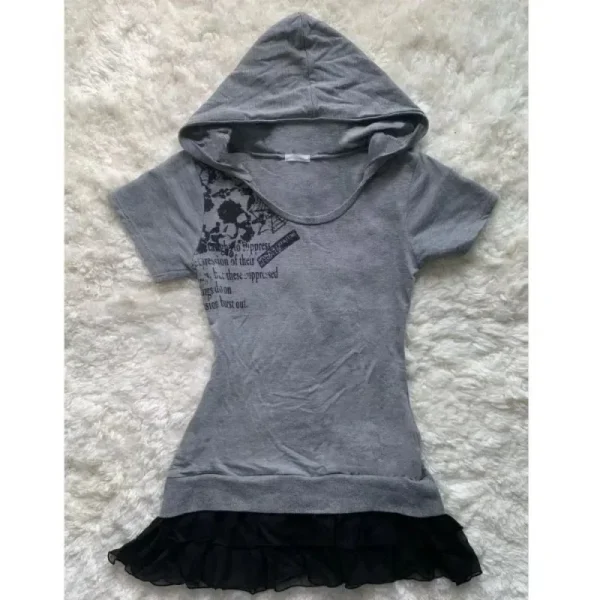 Women T Shirts with Hooded Grey Subculture Harajuku - Image 3