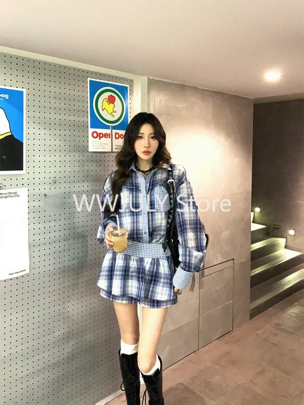 Korean Fashion 2 Piece Set Spicy Girls Casual Striped Long Sleeve Shirt - Image 2