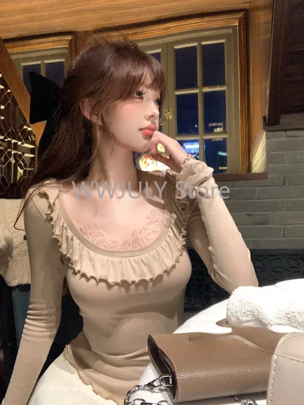 Aesthetics Slim Lace Fake Two Tops Casual Basic Sweet Long Sleeve Blosue - Image 2