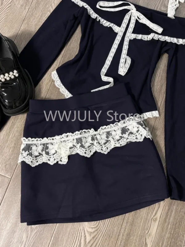 Women Fashion Lace Patchwork Off Shoulder Ruffles Lace-up Tops - Image 3