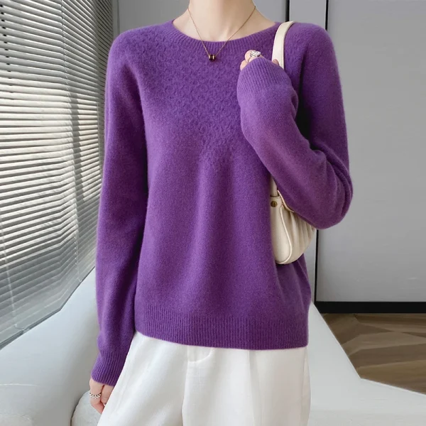 Cashmere sweater round neck solid color jacquard pullover loose knit - Image 2