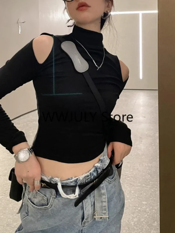 Vintage Solid Turtleneck T Shirts Women Gothic Sexy Slim Crop Tops - Image 5