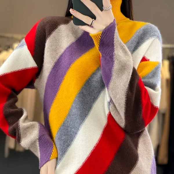 Wool turtleneck color matching thick sweater knitted pullover fashion loose coat - Image 5