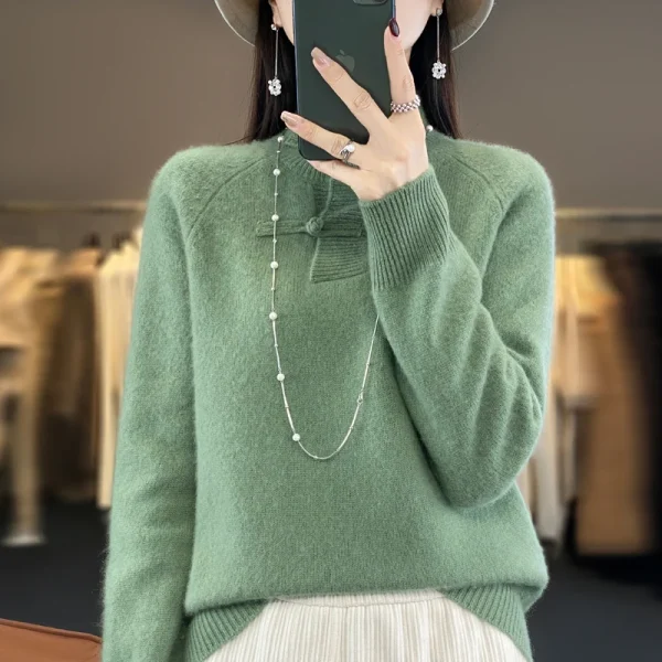 wool cashmere sweater retro buckle stand collar women's loose - Image 2