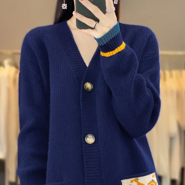 Wool women's V-neck knit cardigan contrast color long sleeve sweater - Image 6