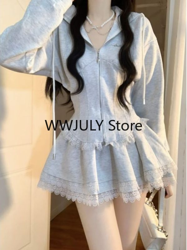 Korean Fashion Clothing Grey Lace 2 Piece Set Woman Casual Hooded - Image 8