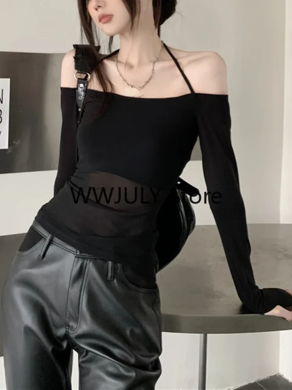 Korean Mesh Stitching Casual Black Long-sleeved T-shirt Women - Image 6