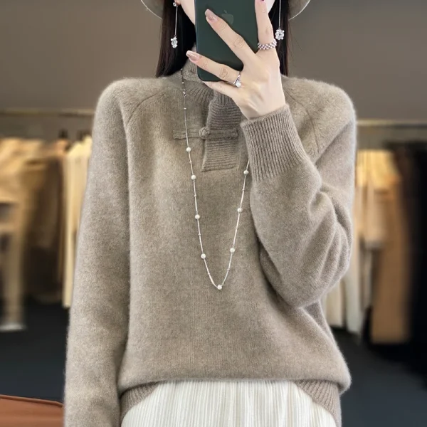 wool cashmere sweater retro buckle stand collar women's loose - Image 5