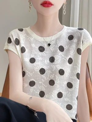 Western Style Polka Dot Loose Top Women’s Short Sleeve Thin