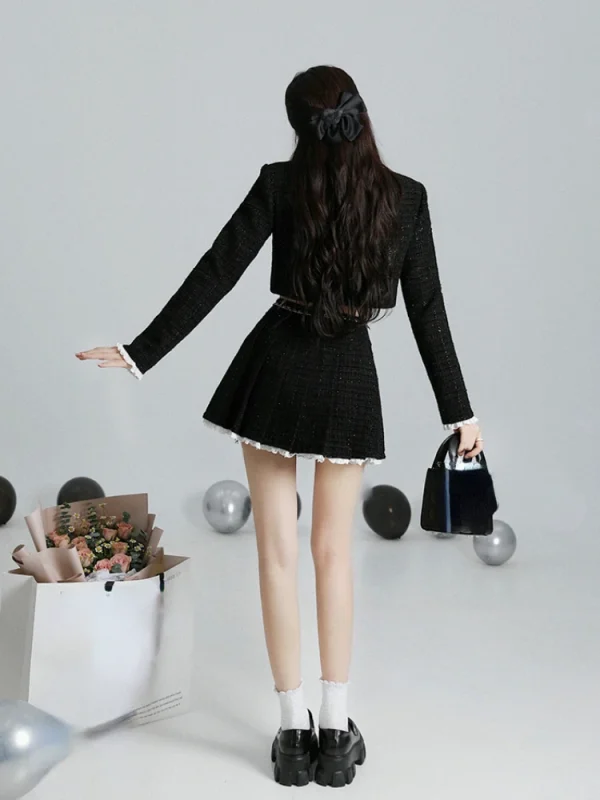 Vintage Suit Korean Fashion 2 Piece Dress Set Black  Mini Skirt - Image 6