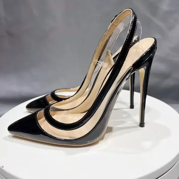 Black Patchwork Transparent Women Pointy Toe Sling backs - Image 3