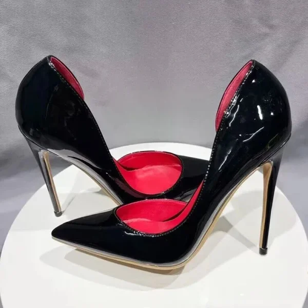 Red inside Black Patent Women Sexy Pointy Toe High Heel Shoes - Image 7