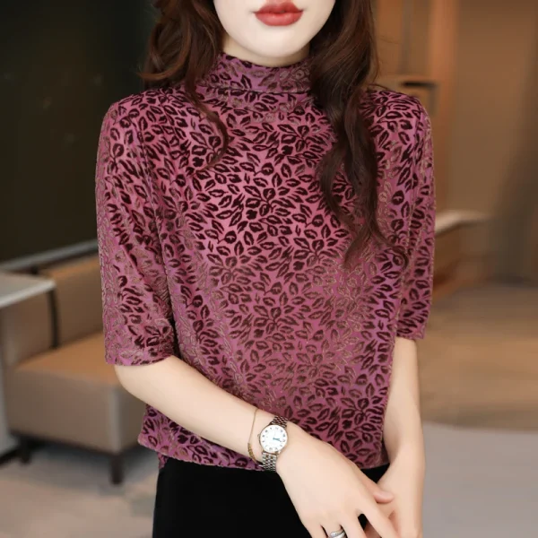 women's sleeve T-shirt slim and slim semi-high collar leopard - Image 2