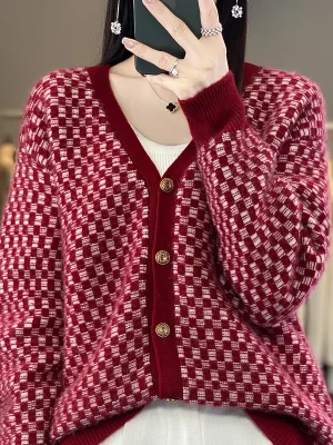 Wool Sweater Women’s V-neck Knitted Cardigan Plaid Contrast Loose Fashion