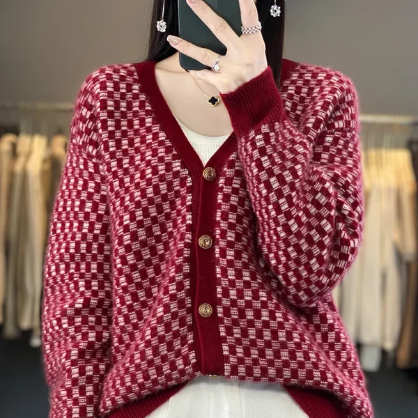 Wool Sweater Women's V-neck Knitted Cardigan Plaid Contrast Loose Fashion