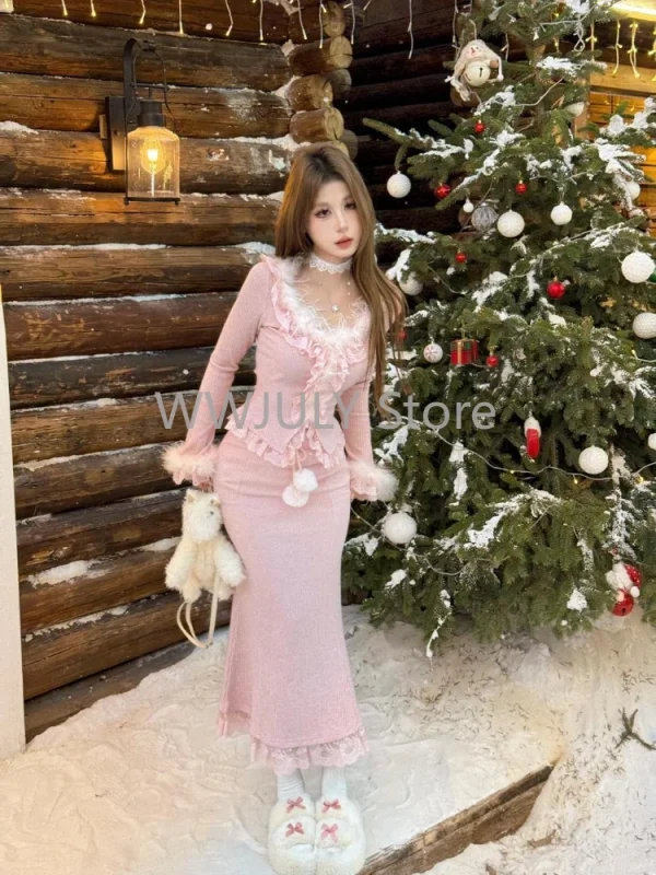 Winter Lace-up Knitted Skirt Suits Long Sleeve Fur Collar Slim - Image 6