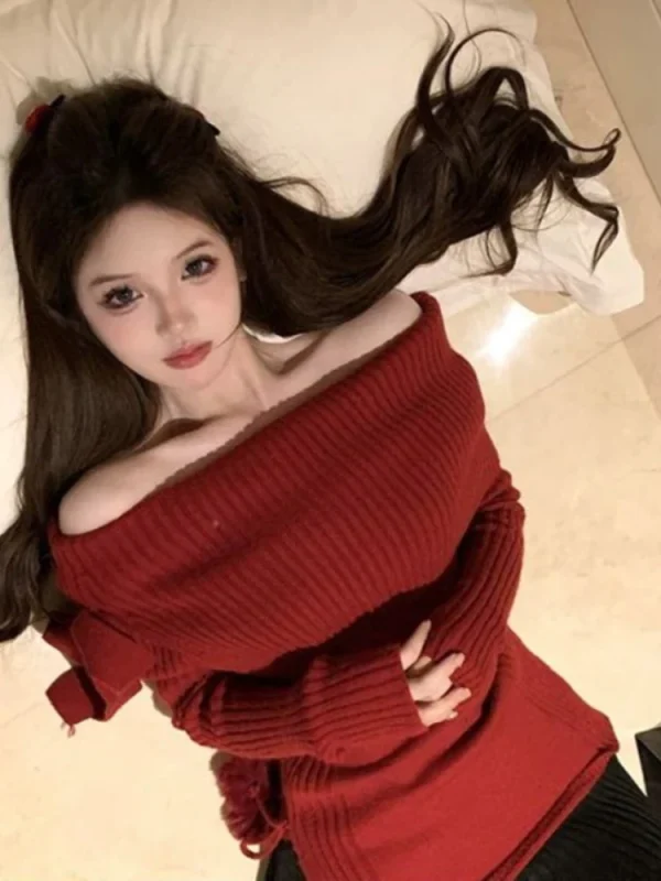 Korean Fashion Knitted Sweater Clothing Off Shoulder Casual Slim - Image 3