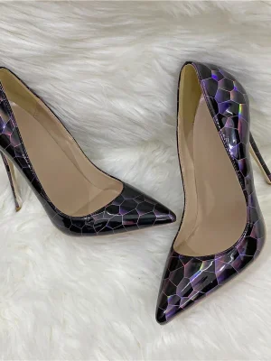 Black Geometry Print Women Glossy Pointy Toe High Heel Shoes