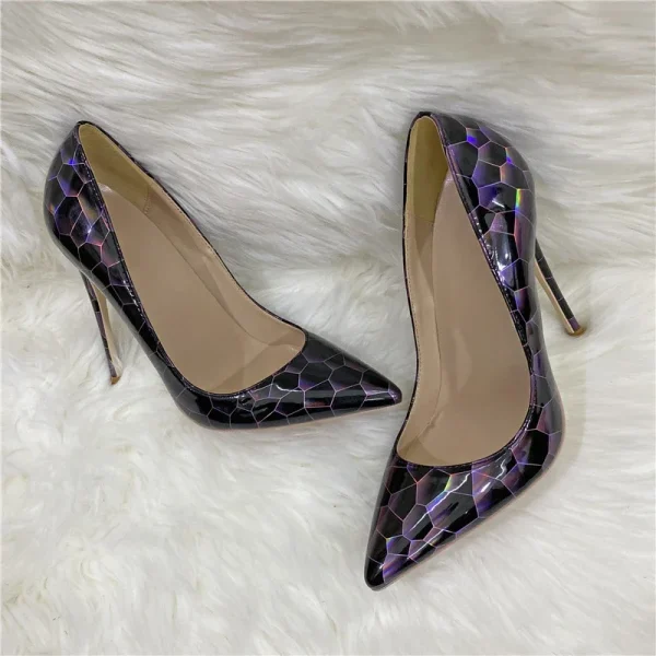 Black Geometry Print Women Glossy Pointy Toe High Heel Shoes