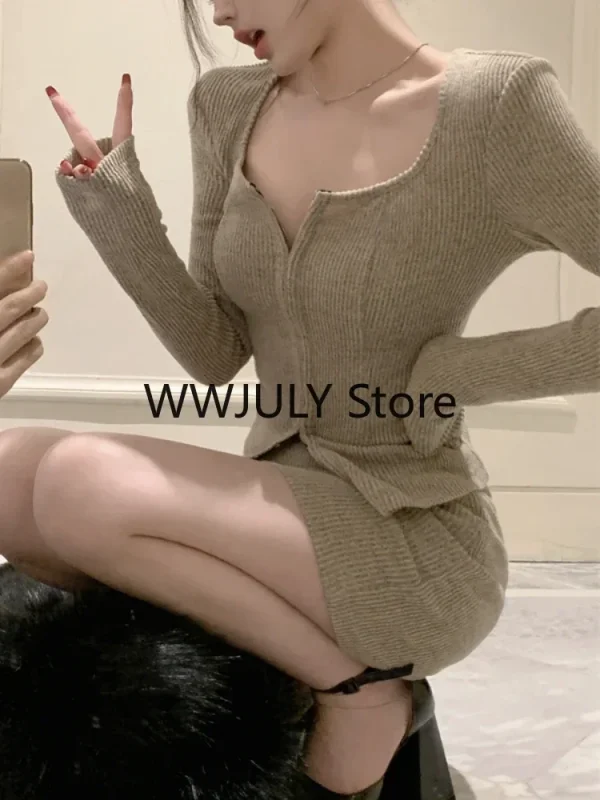 Grey Casual Knitted Suits Sexy 2 Piece Skirt Set Woman - Image 5