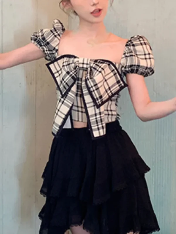 Summer Short Sleeve Vintage Plaid Blouse Women Korean Style Crop Tops Office - Image 6