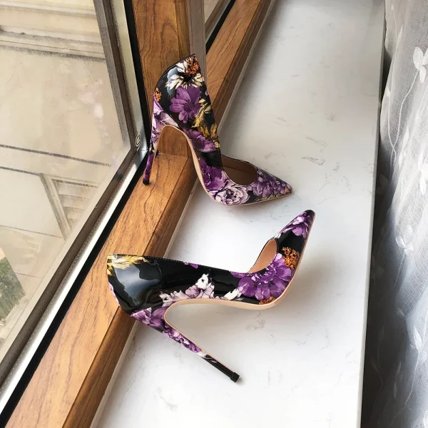 Purple Flowers Printed Women Black Patent Pointy Toe High Heel - Image 5