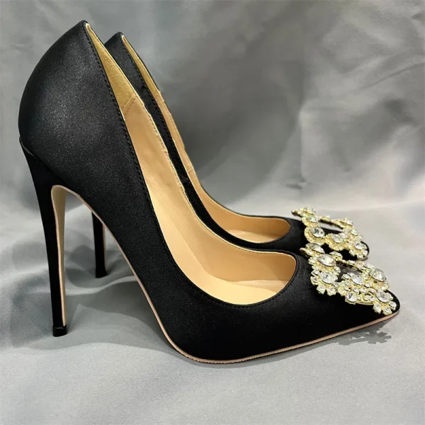 Square Women Black Satin Pointy Toe High Heel Shoes - Image 3