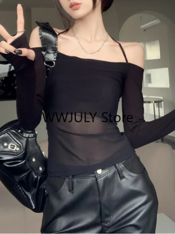 Korean Mesh Stitching Casual Black Long-sleeved T-shirt Women