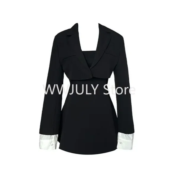 Vintage Black Two Piece Dress Women Casual Short Coat - Image 5