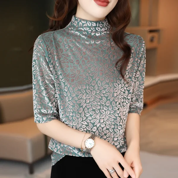 women's sleeve T-shirt slim and slim semi-high collar leopard - Image 5