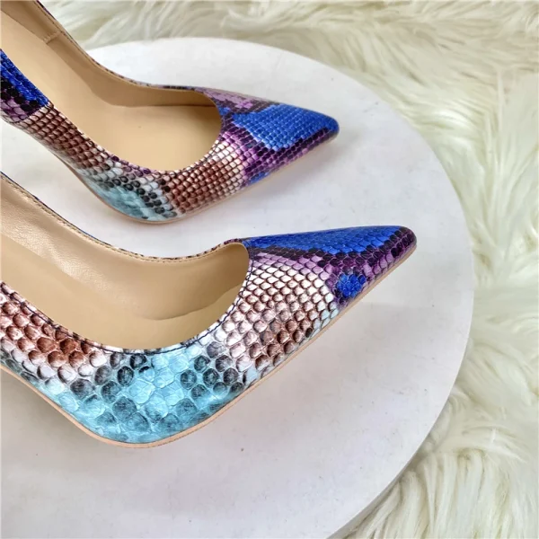 Blue Pink Snakeskin Women Sexy Pointy Toe High Heel Shoes - Image 5