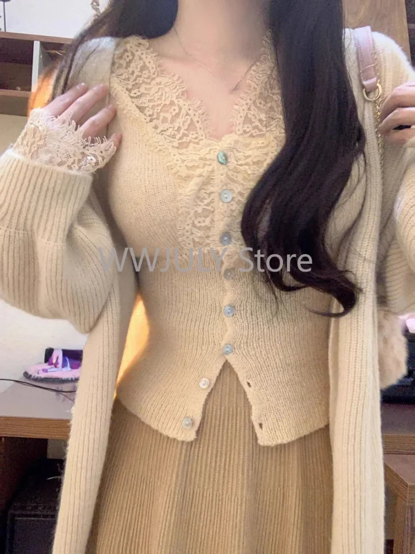 Winter Sexy Slim Lace Patchwork Knitted Tops Women's Clothing Casual V-Neck - Image 4