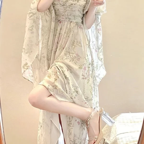 Elegant Floral Midi Dress Woman Beach Casual Long Sleeve - Image 5