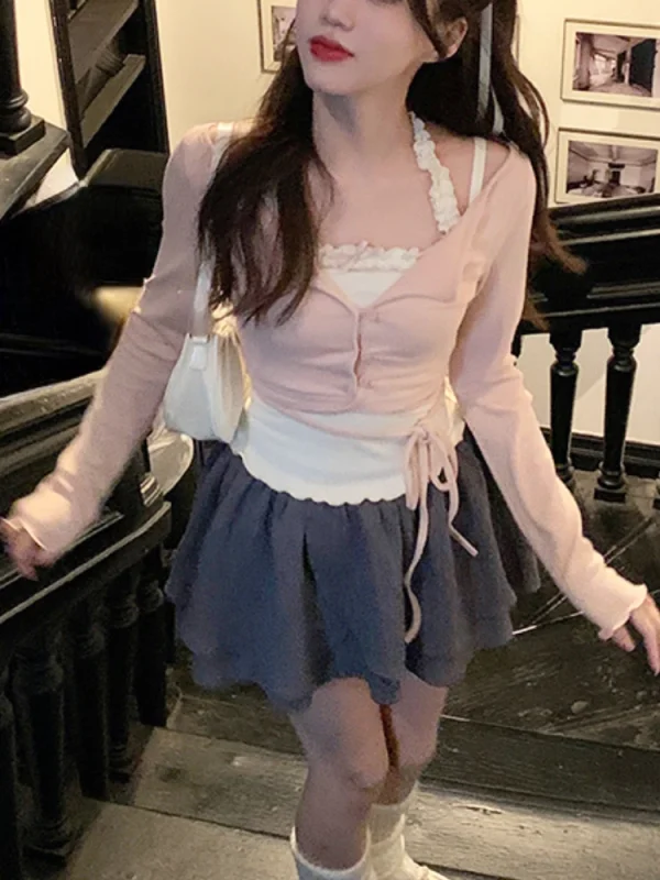 Sweet 2 Piece Set Woman Pink Long Sleeve Fashion Tops Basic - Image 3